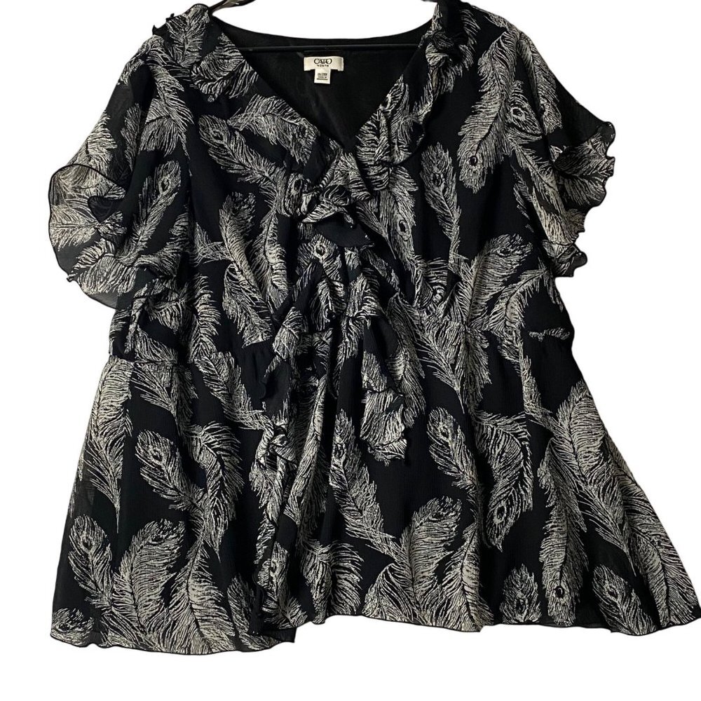 Cato‎ Blouse Women Size 26 / 28 Ruffled Neckline Peacock Feather Pattern Boho